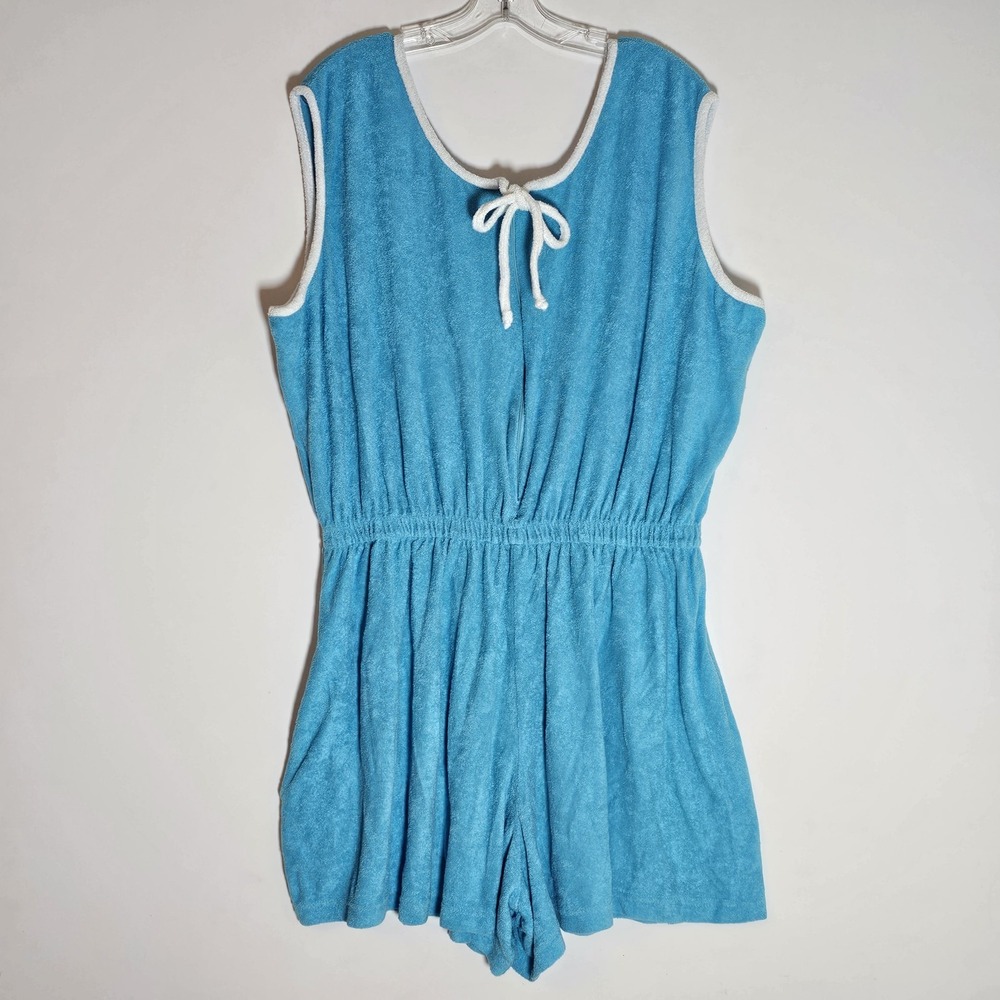 VTG Terry Cloth Granada‎ Romper Womens 3XL Blue White Short Beach Jumsuit 70s